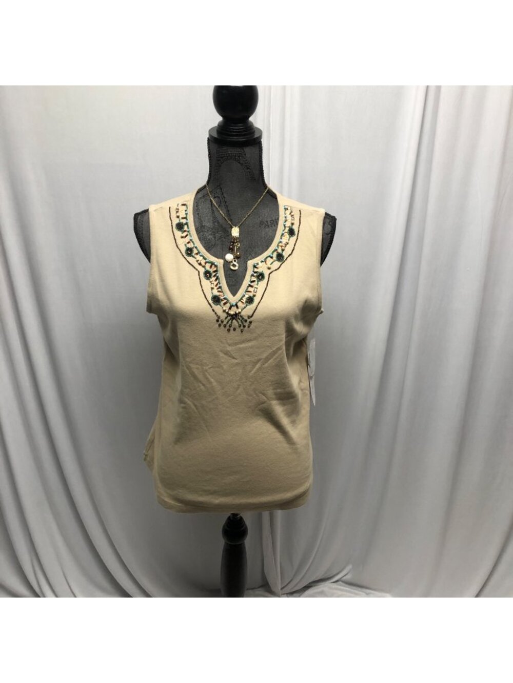 White Stag Tank Top Womens Size Large Egyptian Inspired Beaded V-Neck NEW